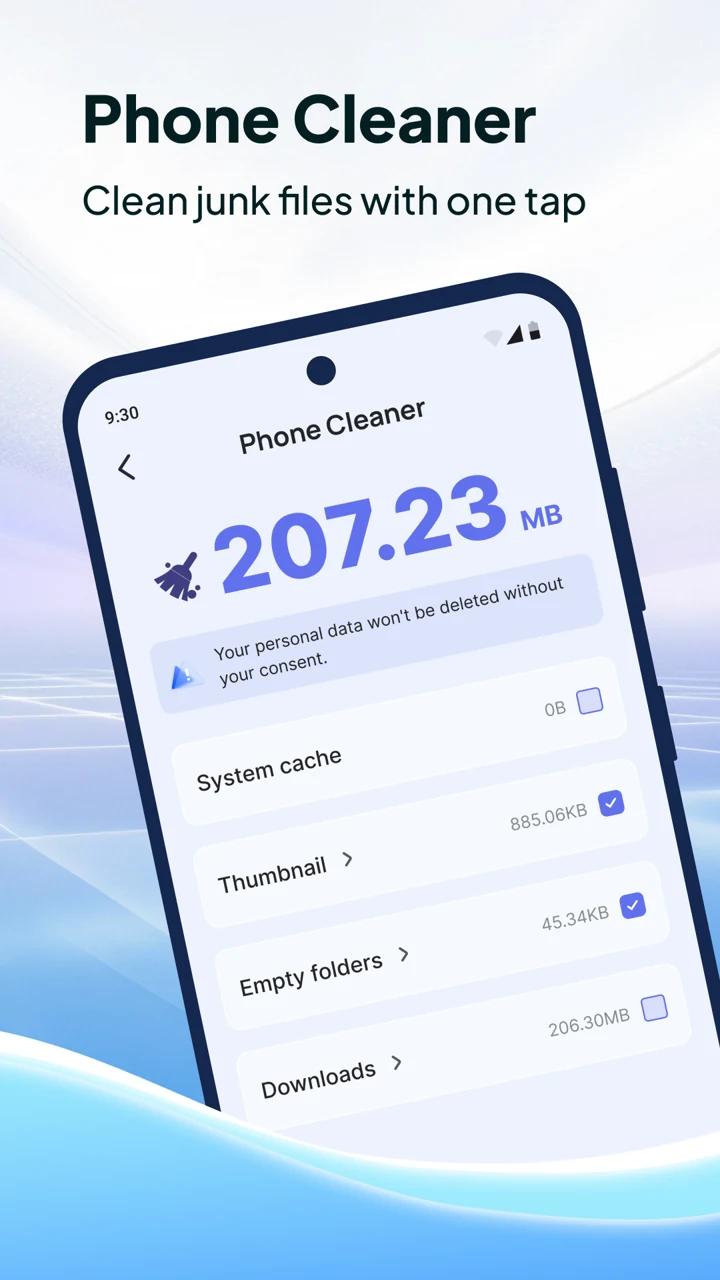 MaxClean Phone Cleaner scan results with individually selectable file categories