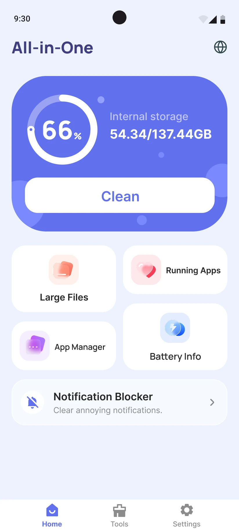MaxClean home screen with storage overview and everyday cleaning tools